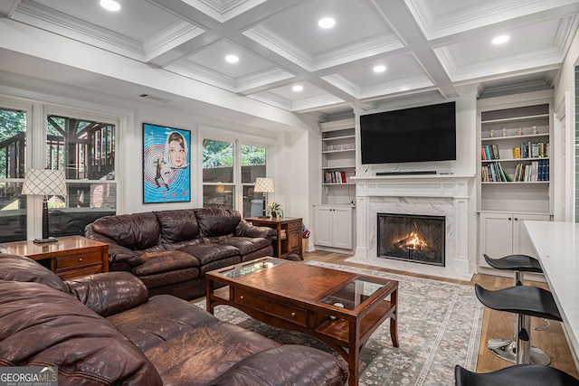 351 Prestbury Ct, Suwanee, GA 30024 - living room with wood finished floors, a high end fireplace, beam ceiling, recessed lighting, and built in shelves