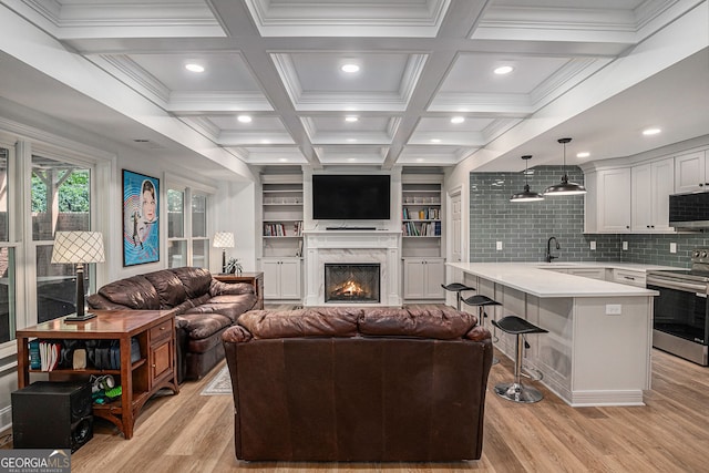 351 Prestbury Ct, Suwanee, GA 30024 - living room with light wood finished floors, recessed lighting, a fireplace, coffered ceiling, and beam ceiling