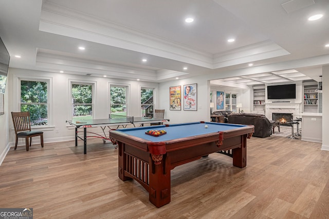 351 Prestbury Ct, Suwanee, GA 30024 - rec room with ornamental molding, a tray ceiling, billiards, light wood-style flooring, and recessed lighting