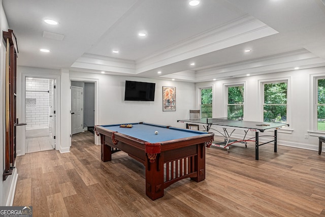 351 Prestbury Ct, Suwanee, GA 30024 - recreation room with crown molding, a tray ceiling, pool table, light wood-type flooring, and recessed lighting