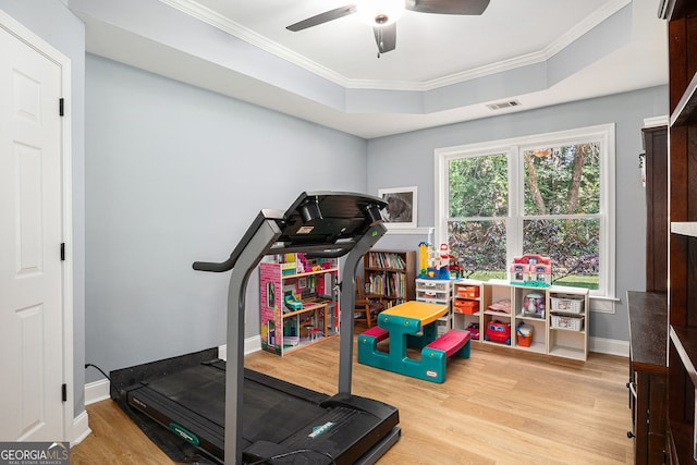 351 Prestbury Ct, Suwanee, GA 30024 - workout area with wood finished floors, ornamental molding, a raised ceiling, and ceiling fan