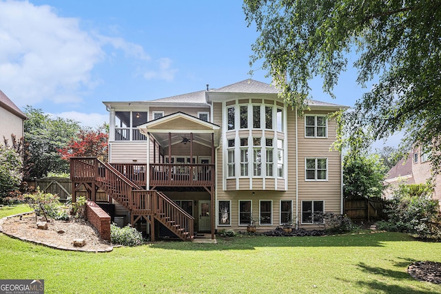 351 Prestbury Ct, Suwanee, GA 30024 - rear view of house with a sunroom, stairway, a ceiling fan, and a deck