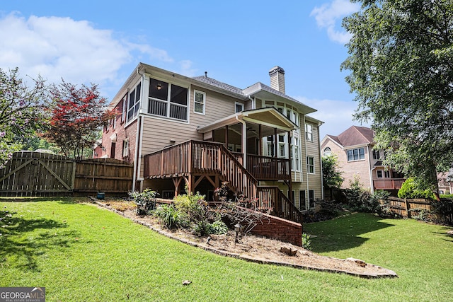 351 Prestbury Ct, Suwanee, GA 30024 - back of property featuring a wooden deck, stairway, a fenced backyard, and a chimney