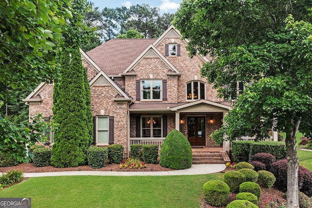 2845 Aquitania Ln, Cumming, GA 30040 - craftsman house featuring covered porch, brick siding, a front yard, french doors, and a shingled roof