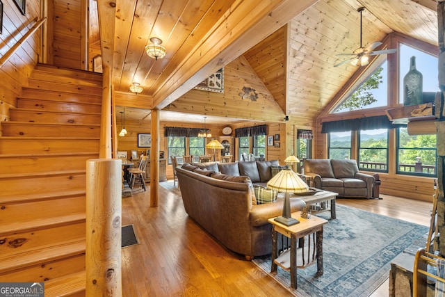 115 Wildcat Run, Suches, GA 30572 - living room featuring wooden walls, wooden ceiling, stairs, hardwood / wood-style flooring, and high vaulted ceiling