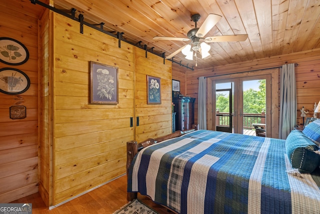 115 Wildcat Run, Suches, GA 30572 - bedroom with wooden walls, wood ceiling, access to exterior, wood finished floors, and french doors