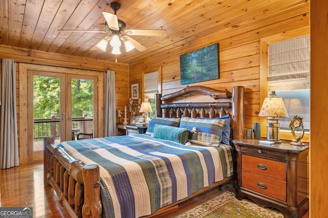 115 Wildcat Run, Suches, GA 30572 - bedroom with wood ceiling, hardwood / wood-style floors, access to outside, and wood walls
