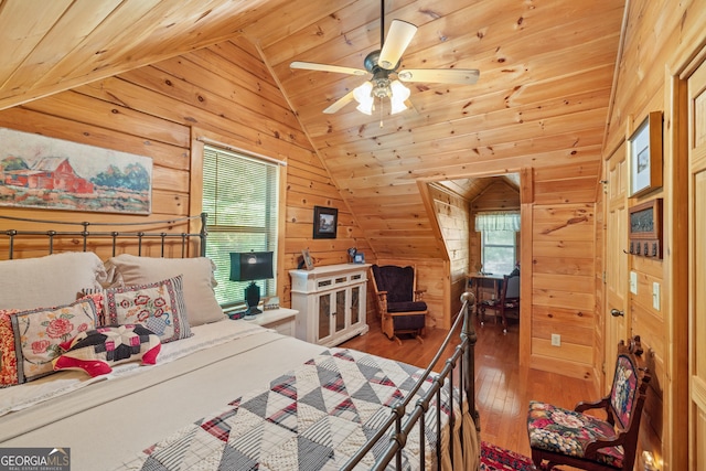115 Wildcat Run, Suches, GA 30572 - bedroom with vaulted ceiling, wood walls, hardwood / wood-style flooring, wooden ceiling, and ceiling fan