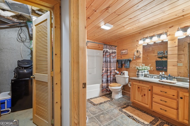 115 Wildcat Run, Suches, GA 30572 - full bathroom with double vanity, wood walls, shower / bath combination with curtain, and wooden ceiling