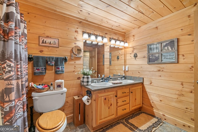 115 Wildcat Run, Suches, GA 30572 - bathroom featuring wood walls, wooden ceiling, and double vanity