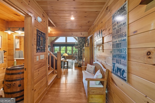 115 Wildcat Run, Suches, GA 30572 - hallway with wooden walls, wooden ceiling, wood finished floors, stairway, and recessed lighting