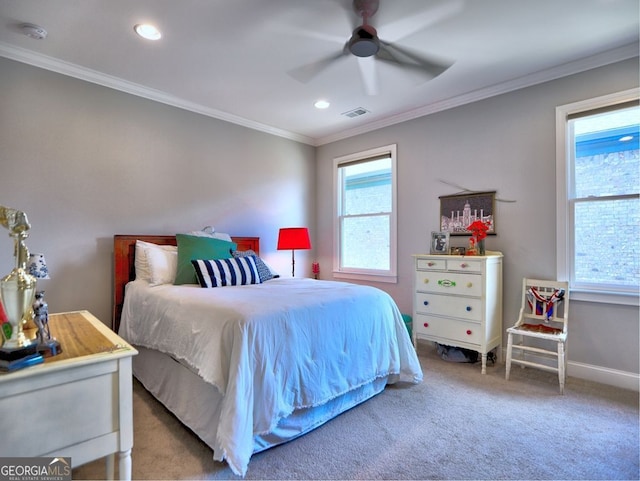 913 Sunny Meadows Ln, Marietta, GA 30062 - bedroom featuring multiple windows, carpet floors, crown molding, recessed lighting, and ceiling fan