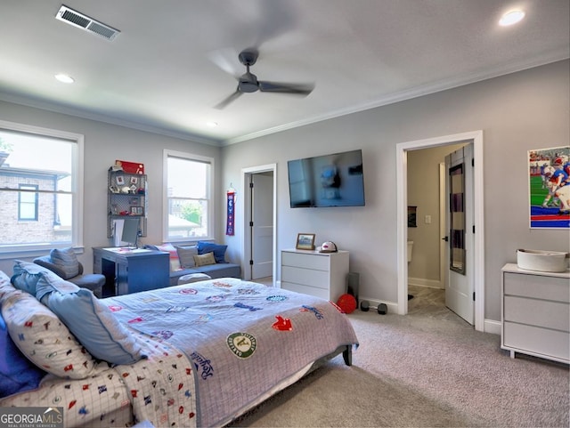 913 Sunny Meadows Ln, Marietta, GA 30062 - carpeted bedroom with crown molding, recessed lighting, ensuite bath, and a ceiling fan