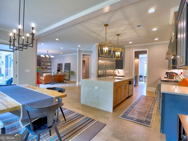 913 Sunny Meadows Ln, Marietta, GA 30062 - kitchen with a chandelier, stainless steel appliances, recessed lighting, light wood finished floors, and crown molding