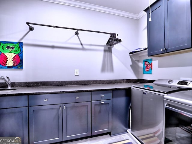 913 Sunny Meadows Ln, Marietta, GA 30062 - laundry area with cabinet space, crown molding, and washing machine and clothes dryer