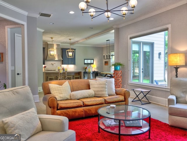 913 Sunny Meadows Ln, Marietta, GA 30062 - living room with crown molding, healthy amount of natural light, a chandelier, and recessed lighting