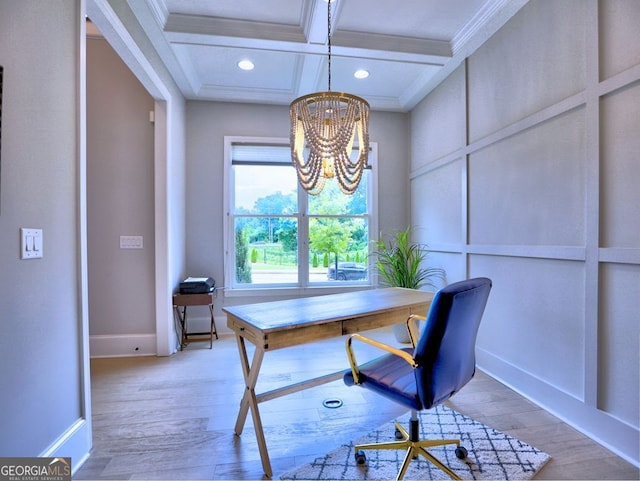 913 Sunny Meadows Ln, Marietta, GA 30062 - office space featuring coffered ceiling, wood finished floors, ornamental molding, beamed ceiling, and a chandelier