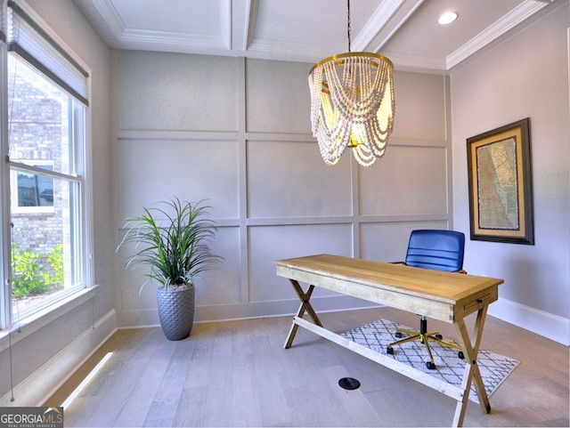 913 Sunny Meadows Ln, Marietta, GA 30062 - office space featuring wood finished floors, crown molding, a decorative wall, a chandelier, and recessed lighting