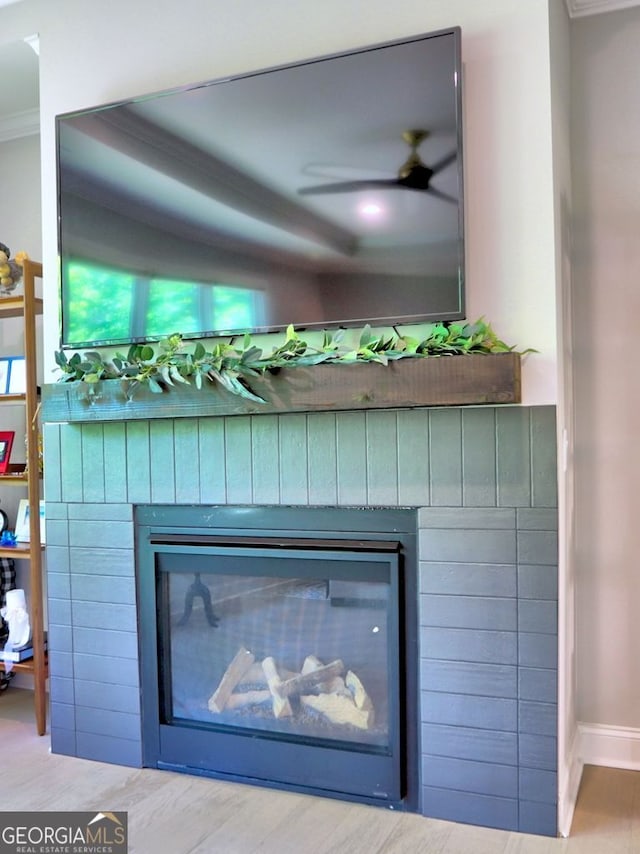 913 Sunny Meadows Ln, Marietta, GA 30062 - detailed view of a glass covered fireplace, ornamental molding, and ceiling fan