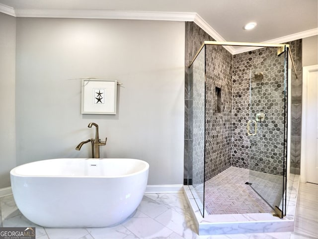 913 Sunny Meadows Ln, Marietta, GA 30062 - full bath featuring ornamental molding, a freestanding tub, marble look tiles, a shower stall, and recessed lighting