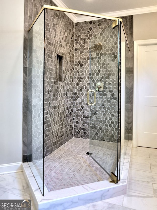 913 Sunny Meadows Ln, Marietta, GA 30062 - full bath featuring crown molding, marble finish flooring, and a stall shower
