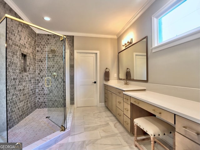 913 Sunny Meadows Ln, Marietta, GA 30062 - bathroom featuring crown molding, marble finish floors, vanity, a stall shower, and recessed lighting