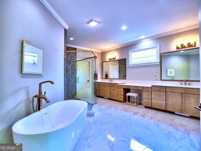 913 Sunny Meadows Ln, Marietta, GA 30062 - bathroom with ornamental molding, double vanity, a stall shower, a freestanding bath, and recessed lighting