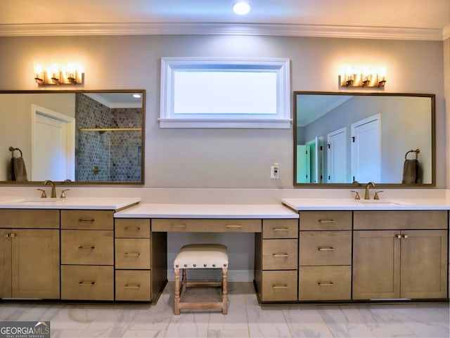 913 Sunny Meadows Ln, Marietta, GA 30062 - full bathroom with marble look tile flooring, a shower stall, vanity, and ornamental molding
