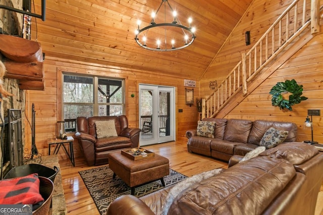 230 Grove Ln Unit 3642, Ellijay, GA 30540 - living room featuring wooden ceiling, wooden walls, a chandelier, stairway, and hardwood / wood-style flooring