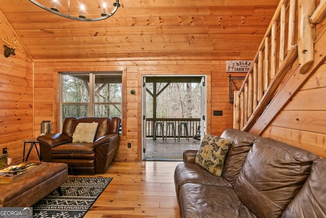 230 Grove Ln Unit 3642, Ellijay, GA 30540 - living room with wooden ceiling, vaulted ceiling, hardwood / wood-style flooring, plenty of natural light, and wooden walls