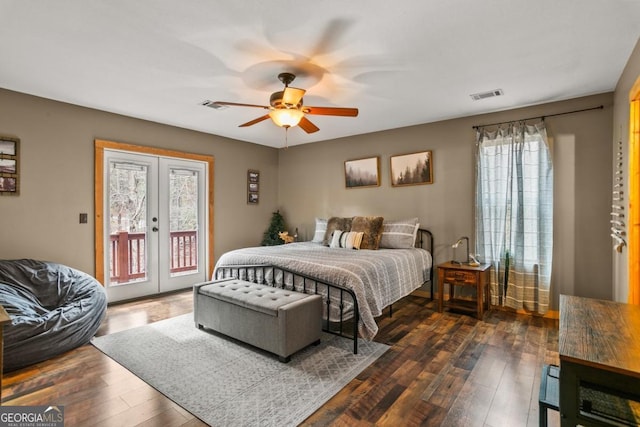 230 Grove Ln Unit 3642, Ellijay, GA 30540 - bedroom featuring access to exterior, french doors, hardwood / wood-style flooring, and a ceiling fan
