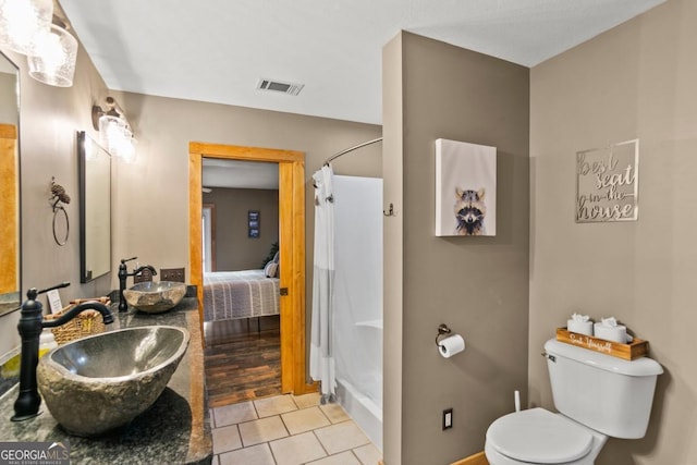 230 Grove Ln Unit 3642, Ellijay, GA 30540 - bathroom with a shower with curtain, tile patterned floors, and double vanity