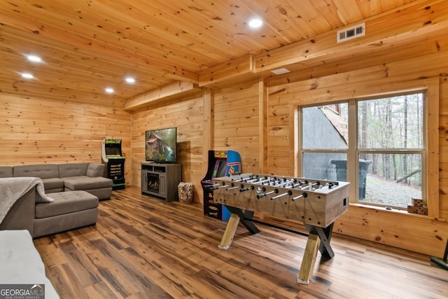 230 Grove Ln Unit 3642, Ellijay, GA 30540 - recreation room with wood ceiling, recessed lighting, wood finished floors, wood walls, and a lit fireplace