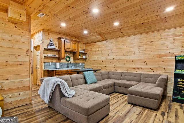 230 Grove Ln Unit 3642, Ellijay, GA 30540 - living area with light wood-type flooring, wooden walls, lofted ceiling, wood ceiling, and recessed lighting