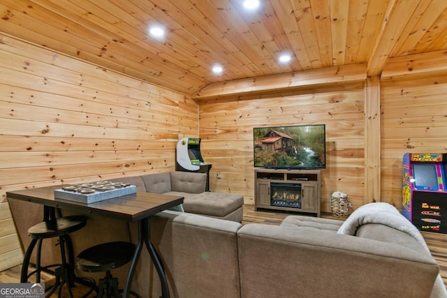 230 Grove Ln Unit 3642, Ellijay, GA 30540 - living area featuring wooden ceiling, recessed lighting, a lit fireplace, and wood walls