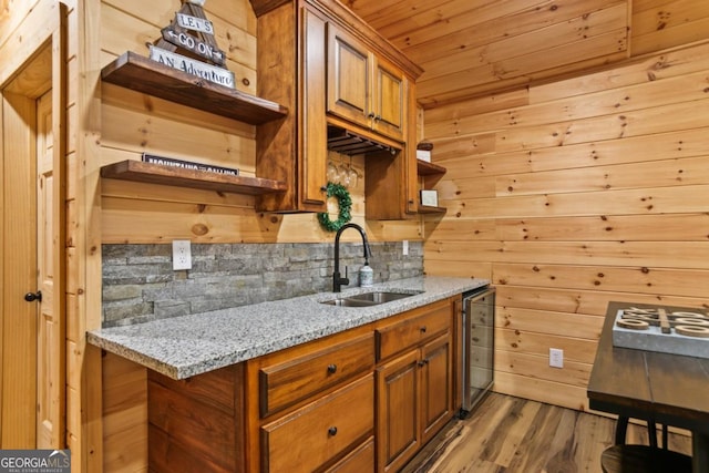 230 Grove Ln Unit 3642, Ellijay, GA 30540 - kitchen featuring open shelves, wood ceiling, decorative backsplash, brown cabinetry, and wood finished floors