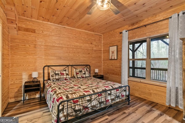 230 Grove Ln Unit 3642, Ellijay, GA 30540 - bedroom with wooden ceiling, wood finished floors, wood walls, and a ceiling fan