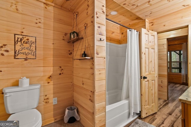 230 Grove Ln Unit 3642, Ellijay, GA 30540 - bathroom featuring wooden walls, vanity, shower / bath combination with curtain, wooden ceiling, and wood finished floors