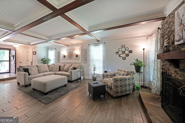 1313 Old Countryside Cir, Stone Mountain, GA 30083 - living room featuring crown molding, a fireplace, wood finished floors, beam ceiling, and coffered ceiling