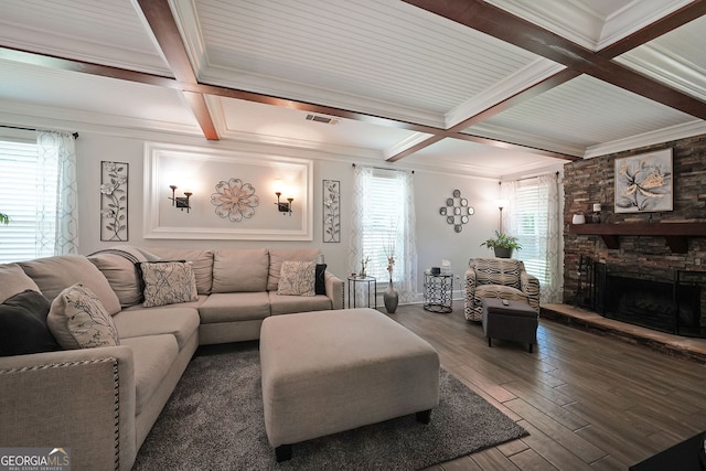 1313 Old Countryside Cir, Stone Mountain, GA 30083 - living room with crown molding, beamed ceiling, wood finished floors, coffered ceiling, and a fireplace