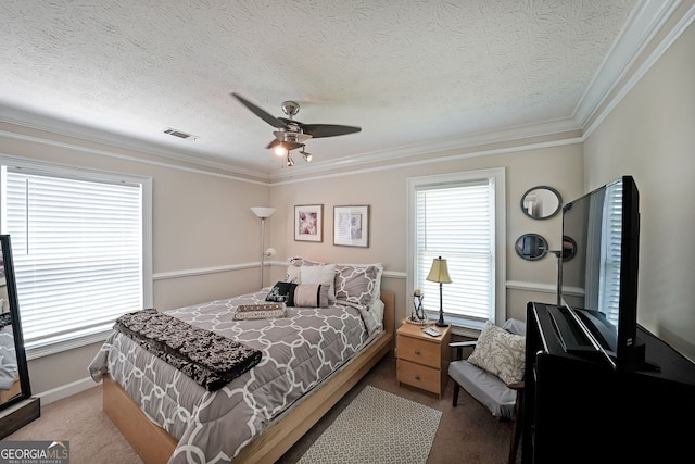 1313 Old Countryside Cir, Stone Mountain, GA 30083 - carpeted bedroom featuring a textured ceiling, ornamental molding, and ceiling fan