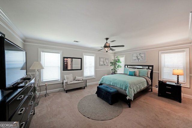 1313 Old Countryside Cir, Stone Mountain, GA 30083 - bedroom featuring light colored carpet, ornamental molding, and a ceiling fan