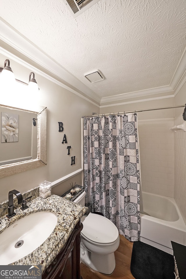 1313 Old Countryside Cir, Stone Mountain, GA 30083 - bathroom with vanity, a textured ceiling, crown molding, shower / tub combo with curtain, and wood finished floors