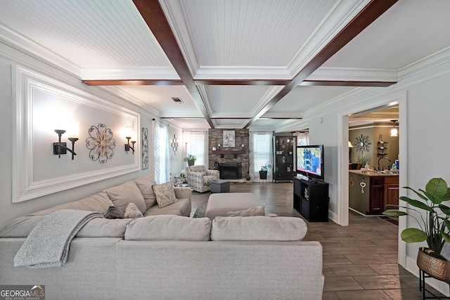 1313 Old Countryside Cir, Stone Mountain, GA 30083 - living room with a stone fireplace, crown molding, coffered ceiling, and beam ceiling
