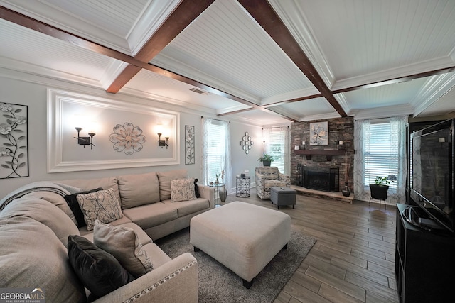 1313 Old Countryside Cir, Stone Mountain, GA 30083 - living area featuring coffered ceiling, crown molding, beamed ceiling, wood finished floors, and a fireplace