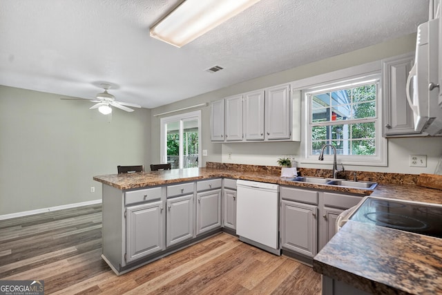 106 Ivy Ct, Lagrange, GA 30241 - kitchen with white appliances, a peninsula, gray cabinetry, light wood-type flooring, and dark countertops