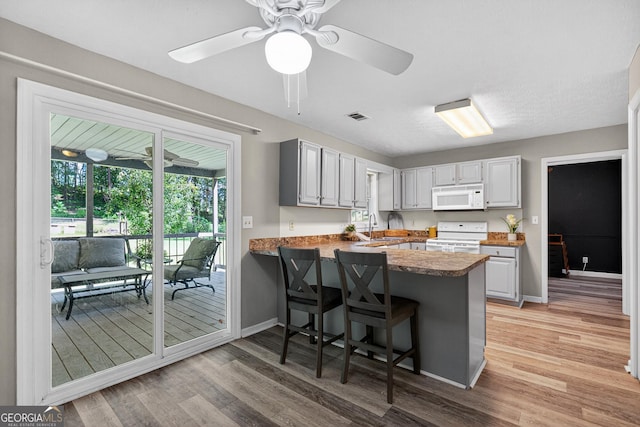 106 Ivy Ct, Lagrange, GA 30241 - kitchen with white appliances, a peninsula, light wood-type flooring, and ceiling fan