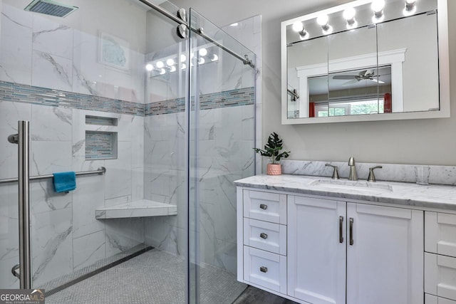 682 Tanglewood Ln, Ellijay, GA 30540 - full bath featuring a marble finish shower, vanity, and ceiling fan