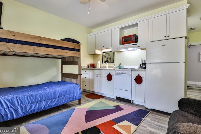 682 Tanglewood Ln, Ellijay, GA 30540 - bedroom with freestanding refrigerator, light wood-style floors, and a ceiling fan