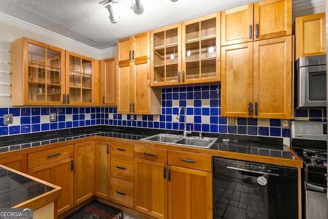 115 Biscayne Dr NW Unit E3, Atlanta, GA 30309 - kitchen with appliances with stainless steel finishes, ornamental molding, backsplash, glass insert cabinets, and a textured ceiling